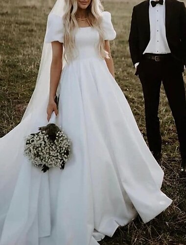  Formal Vestidos de noiva De Baile Decote Quadrado Manga Curta Cauda Capela Cetim Vestidos de noiva Com Cor Única 2024