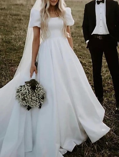  Ausgefallene Hochzeitskleider Ballkleid Quadratischer Ausschnitt Kurzarm Kirchen Schleppe Satin Brautkleider Mit Einheitliche Farbe 2024