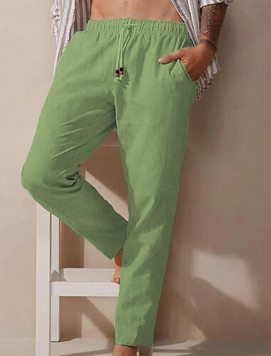  Herren Leinenhose Hose Hosen Sommerhosen Strandhose Faltenhose Kordelzug Elastische Taille Glatt Atmungsaktiv Weich Casual Täglich Festtage Modisch Strassenmode Braun Grün Mikro-elastisch