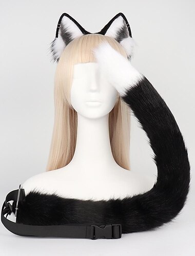  Katzenohren und Schwanz Set pelzige Katzenohren Stirnband mit Schwanz Kätzchen Anime Neko Ohren Halloween Cosplay Party Katze Kostüm Zubehör für Frauen Mädchen Erwachsene Kinder