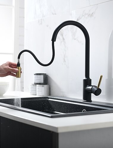  Küchenspülen-Mischbatterie ausziehbar, Einhebelgriff aus gebürstetem massivem Messing, Wasserhähne kalter heißer Schlauch, ein Loch mit herunterziehbarem Sprüher, schwarzgoldene Wasserhähne