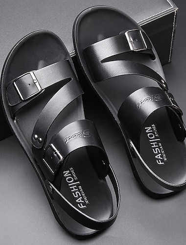  sandales en similicuir noir pour hommes avec brides à double boucle et semelle coussinée - chaussures d'été décontractées à porter au quotidien