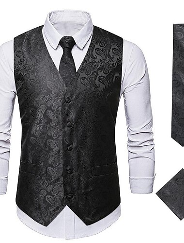  Herren-Weste-Krawatten-Set, Paisley-Blumen-Jacquard-Krawatte, Einstecktuch, 3-teilig, Weste, Retro-Vintage-Rokoko, für Anzug oder Smoking, Hochzeit, Party, Maskerade
