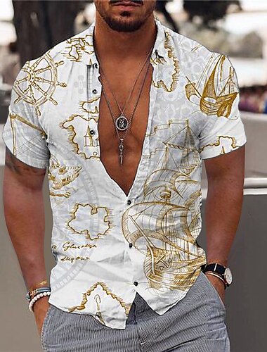  Herren Hawaiian Aloha Nautisch Hemd Sommerhemd Hawaiihemd Sommerhemd Kurzarm Modisch Designer Brautkleider schlicht Outdoor Casual Festtage Sommer Frühling Umlegekragen Bedruckt Button-Down Blau