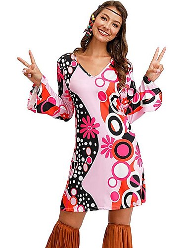  Hippie Retro Vintage 1970er Disko Kleid Damen Kostüm Jahrgang Cosplay Party & Abend Langarm Kleid Maskerade Schlager Outfit