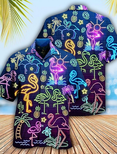  Miesten Flamingo Valaisimet Paita Havaiji paita Havaijilaispaita Lyhythihainen Paita Sänkyjen avaus Trooppinen Muoti Katutyyli Kausaliteetti Havaijilainen Pyhäpäivä Musta Keltainen Vaalean vihreä S M