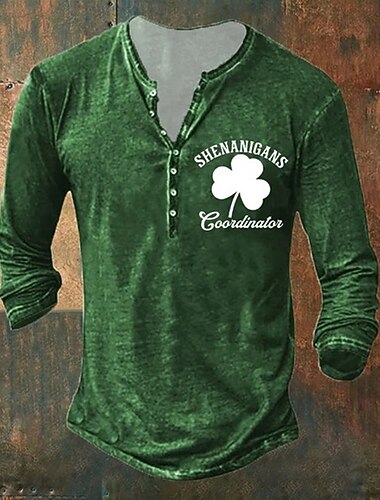  חולצת הנלי לגברים ביום st.patrick's day graphic st. יום פטריק תלתן ביגוד ביגוד הנלי הדפס תלת מימד חיצוני קז'ואל שרוולים ארוכים מעצב אופנה בהדפסת כפתורים