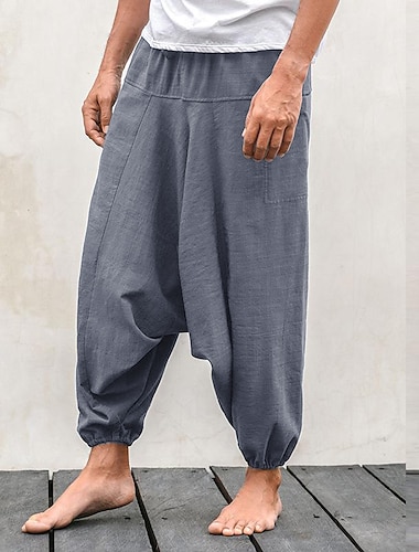  Herr Linne Byxor Långbyxor Sommarbyxor underbyxor Strandbyxor Snörning Opressade byxor Släpp grenen Slät Andningsfunktion Gym Yoga Linne- / bomullsblandning Klassisk Ledigt Lös passning Blå Grå