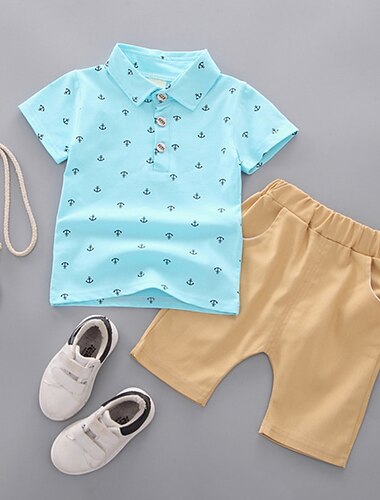  2 Stück Kinder Jungen T-Shirt & Shorts Outfit Grafik Kurzarm Baumwolle Set Outdoor Cool Täglich Sommer Frühling 3-7 Jahre Weiß Königsblau Blau