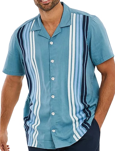  Herren Hemd Bowling-Shirt Knopfhemd Sommerhemd Lässiges Hemd Blau Kurzarm Gestreift Umlegekragen Urlaub Ausgehen Bekleidung Stilvoll 1950s Brautkleider schlicht Klassisch