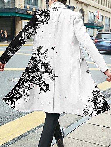 Herr Blommig Grafiska tryck Vinterkappa Rock Kappa Håller värmen Andningsfunktion Bekväm Mode Streetwear Affär Arbete Klä till Jobbet Utekväll Ficka Mönster Höst vinter Nedvikt Långärmad Svart Vit Blå