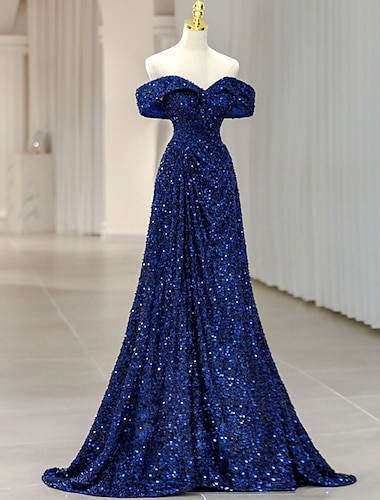  A-Linie Abendkleid Elegantes Kleid Formal Hochzeitsgast Sweep  Brush Train Ärmellos Off-Shoulder Paillettiert mit Glitzer Paillett Masquerade Kleid 2025