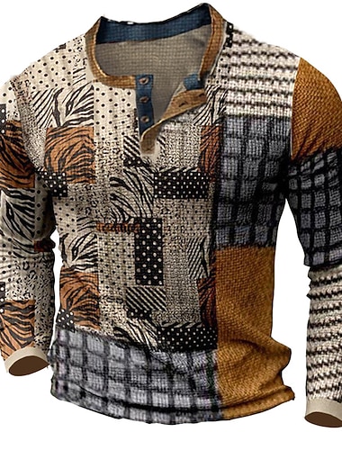  Herr Grafisk Färgblock Waffle Henley Shirt T-shirts Långärmad 3D-tryck Mode Designer Bekväm Ledigt Dagligen Utomhus Vår & Höst Brun Henley Henley T-shirt