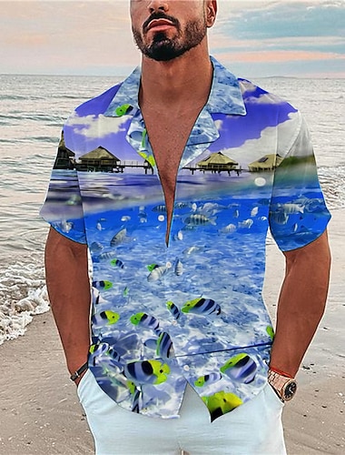  Herren Graphic Landschaft Seelandschaftsmuster Hemd Sommerhemd Hawaiihemd Sommerhemd Kurzarm Hemd Umlegekragen Modisch Hawaiianisch Designer Outdoor Strasse Casual Schwarz Gelb Marineblau Print S M L