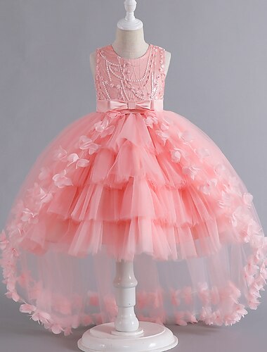  Baby Mädchen Party Kleid Feste Farbe Ärmellos Leistung Hochzeit Gitter Zip Kuschelig Prinzessin Baumwolle Polyester Asymmetrisch abendkleider Sommer Frühling Herbst 7-13 Jahre Weiß Champagner Rosa