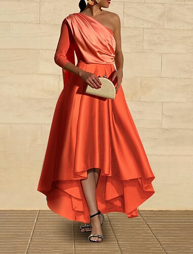  A-Linie Abendkleid Elegantes Kleid Formal Hochzeitsfeier Tea Länge 3/4 Länge Ärmel Ein Schulter Herbst Hochzeitsgast Satin mit Raffung 2025