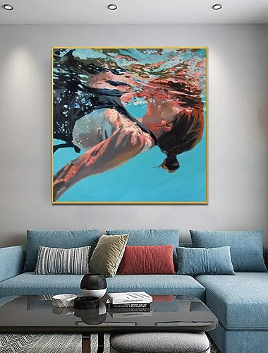  Handgefertigtes Ölgemälde auf Leinwand, Wandkunst, Dekoration, modernes abstraktes Unterwasserporträt eines Mädchens, das zu Hause schwimmt, Raumdekor, gerollt, rahmenloses, ungedehntes Gemälde