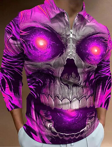  Dag van de Doden Voor heren Doodskoppen Poloshirts met rits Golfshirt Lange mouw Poloshirt Overhemden met kraag Casual Verschrikking Streetwear Festivalkleding Feestoutfits 3D-afdrukken Polo met
