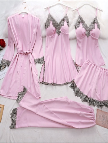  dam pyjamas dräkter klänning nattlinne pjs 5 stycken ren färg mode enkel retro fest hem säng satin siden v wire långärmad rem topp byxa elastiskt midjebälte ingår vår höst hem kläder