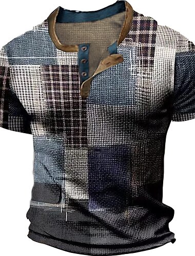  Hombre Graphic Bloque de color Cuadros A Cuadros Camisa henley gofrada Tee Manga Corta Impresión 3D Moda Design Básico Exterior Casual Diario Verano Azul Piscina Henley Camiseta Henley