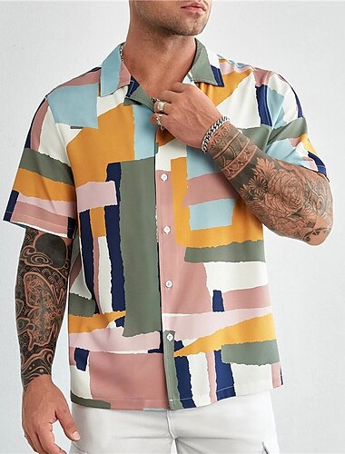  男性用 プラスサイズ アロハシャツ ビッグアンドトール カラーブロック 折襟 プリント 半袖 春夏 トロピカル風 ファッション ハワイアン アウトドア ストリート トップの
