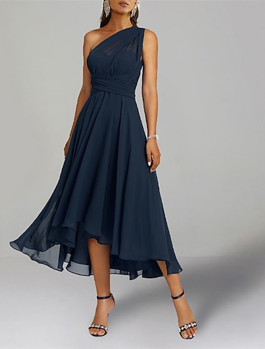  A-Line Blue Wedding Guest Dresses Convertible Infinity Mother Dress Formal Tea Length Sleeveless One Shoulder Chiffon with Ruched 2024