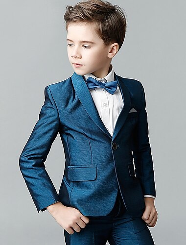  4-teilig Ring-Träger Anzug Jungen Kinder Anzug & Blazer Hemd & Hose Outdoor Lässig Mode Basic Einfarbig Blau Baumwolle