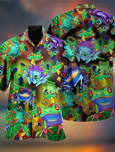  Homens Tropical Sapo Camisa Social Camisa havaiana Camiseta Aloha Manga Curta Camisa Aberto para a Lateral Tropical Moda Havaiana Ao ar livre Rua Havaiana Verde S M L
