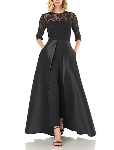  Jumpsuit  Combinaison Mère de la Mariée Invité de Mariage Formelle Fête Sexy Col Bijou Longueur Cheville Satin Dentelle Manches Mi-Longues Avec Plis 2025 taille personnalisée gratuite