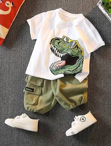  2 Stück Baby Jungen T-Shirt & Shorts Outfit Dinosaurier Kurzarm Baumwolle Set Outdoor Modisch Täglich Sommer Frühling 3-7 Jahre Weiß Gelb