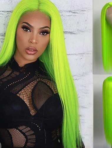  Grön peruker lång rak syntetisk peruk irländsk grön värmebeständig ingen lace front peruker med babyhår limlös peluca för St Patricks cosplay fest för mode kvinnor 22 tum Halloween-peruker