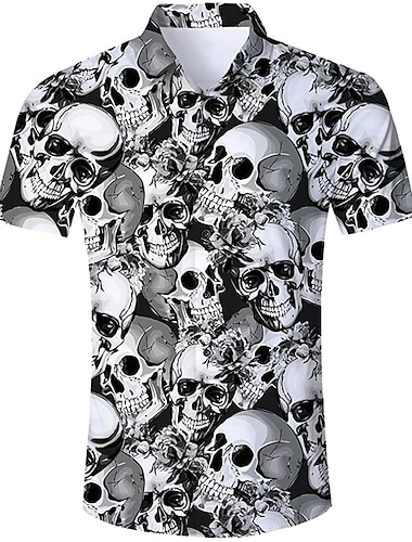  Homme Crânes Chemise Chemise boutonnée Manche Courte Mode Frais Punk et gothique Plein Air Casual du quotidien Eté Printemps Col rabattu Imprimer Bouton bas Noir Rouge Violet Noir + Blanc