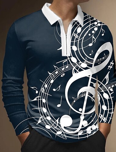  Musikfestival Herren Musik Poloshirts mit Reißverschluss Golfshirt Langarm Polo-Shirts Hemden mit Kragen Lässig Urlaubskleidung Festivalkleidung Party-Outfits 3D-Druck Viertelreißverschluss-Poloshirt