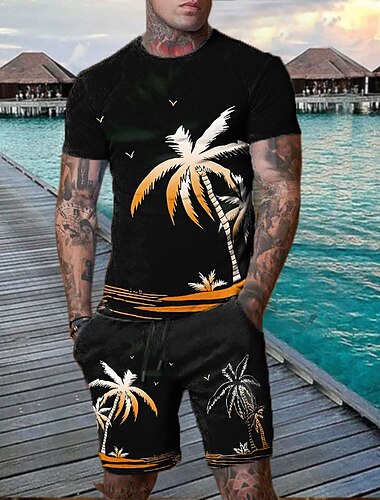  Herren Grafik Kokospalme 2St T-Shirts-Sets Shorts und T-Shirt-Set T-Shirt-Outfits Kurzarm Rundhalsausschnitt Hawaiianisch Designer Lässig Outdoor Urlaub Täglich 3D-Druck 2 teilig Frühling & Sommer