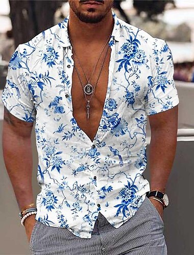  Herren Blumen Tropische Blumen Hemd Hawaiihemd Sommerhemd Aloha-Shirt Langarm Hemd Umlegekragen Modisch Strassenmode Designer Outdoor Strasse Casual Weiß Blau Leicht Blau S M L