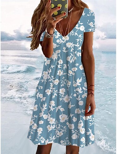  Damen Mini Kleid Petite Kleid T-Shirt Kleid Tee Kleid Sommerkleid Aktive Mode Streetwear Outdoor Urlaub Geburtstag Regular Fit Floral Kurzarm V-Ausschnitt Marineblau Blau
