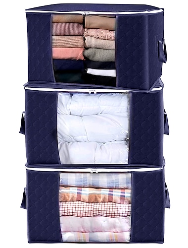  3-pack, 90l grote capaciteit kledingopbergtas-organizer met versterkt handvat dikke stof voor dekbedden, dekens, beddengoed, opvouwbaar met stevige ritssluiting, helder venster