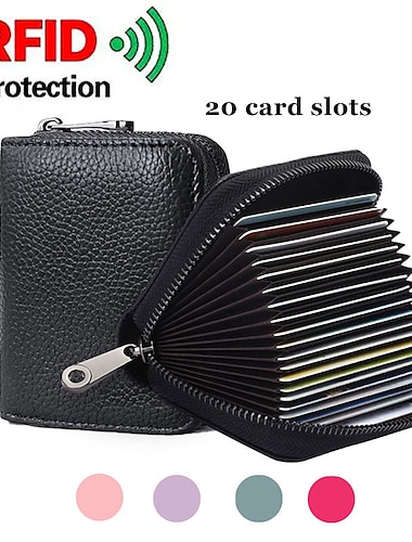  RFID 20 Card Slots Credit Card Holder Genuine Leather Small Card Case for Women or Men Accordion Wallet with Zipper