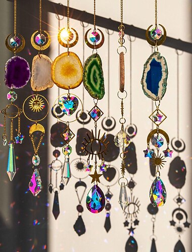  Receptor de sol de cristal de geoda de rebanada de ágata, fabricante de arco iris, prisma de ventana de cristal colgante, decoración de pared de carillón de viento de atrapasol de bruja, decoración de hogar boho