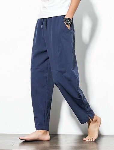  Herren Leinenhose Hose Hosen Sommerhosen Pumphose Strandhose Tasche Kordelzug Elastische Taille Glatt Leichtgewichtig Knöchellänge Yoga Täglich Modisch Brautkleider schlicht Lockere Passform Meerblau
