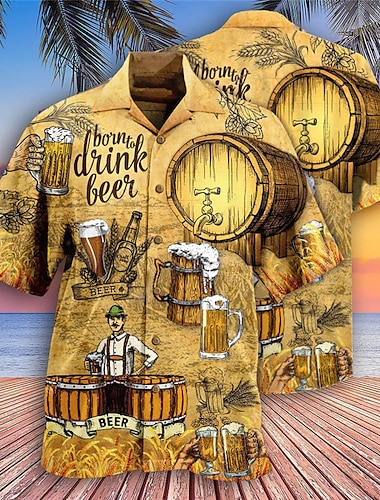  男性用 シャツ アロハシャツ グラフィック ビール 折襟 ライトイエロー ブラック イエロー ゴールド グリーン カジュアル ハワイアン 半袖 プリント ボタンダウン 衣類 トロピカル風 ファッション ハワイアン ソフト