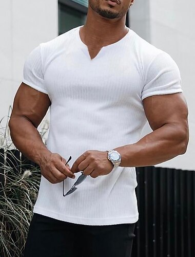  Homens Camiseta camisa muscular Camiseta de malha canelada Manga Curta Decote V Verão Tecido Moda Designer Casual Imprimir Rua Esportes Feriado Preto Branco Rosa Top Tee para Homens