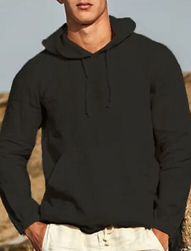  Per uomo Camicia in lino e cotone Camicia in cotone bianco Camicia estiva Camicia da spiaggia Liscio Informale Giornaliero Nero Bianco Blu Manica lunga Con cappuccio Primavera estate Abbigliamento