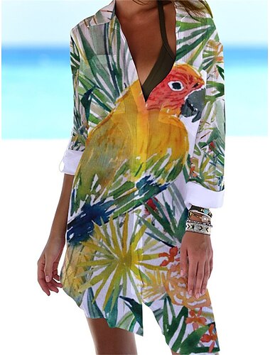  Damen-Hemdkleid, Überwurf, Strandkleid, Strandkleidung, Minikleid, Taschendruck, modisch, lässig, Blumenmuster, Umlegekragen, 3/4-Ärmel, lockere Passform, Outdoor, Alltag, Weiß, Gelb, 2023, Frühling,