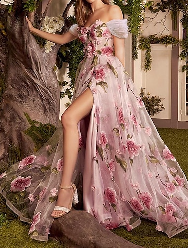  Linha A Vestidos de baile Floral Vestido Formal Convidado do casamento Cauda Escova Sem Manga Ombro a Ombro Renda com Estampa floral 2024