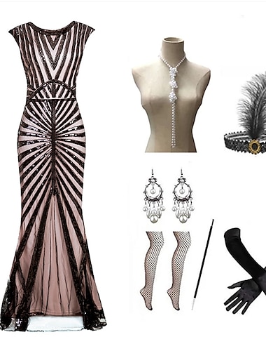  Den store Gatsby Lång längd Flapper-klänning Klänningar Kläder Den store Gatsby Bröllopsgäst Paljetter Paljett Dam Maskerad Festkvällskläder Fest / afton Bröllopsfest Vuxna Klänning Handskar Strumpor