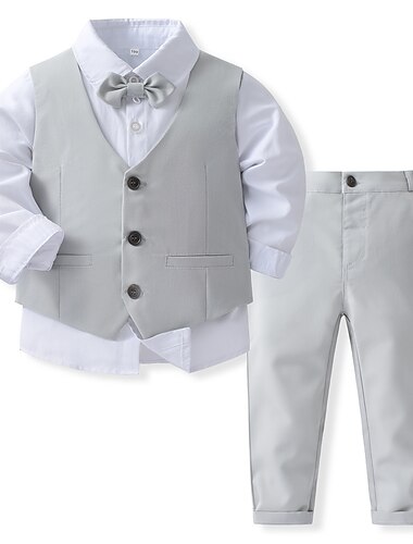 4-teilig Kleinkind Jungen Hemd & Hose Outfit Einfarbig Langarm Baumwolle Set Schule Mode Niedlich Frühling Herbst 3-7 Jahre Blau Grau Leicht Blau