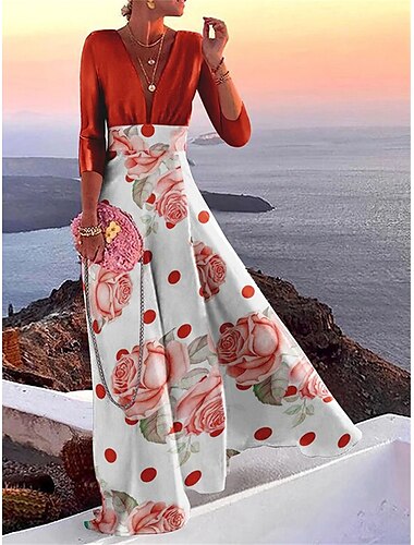  Damen Freizeitkleid Farbblock Patchwork V-Ausschnitt Maxi Langes Kleid Casual Alltag 3/4 Ärmel Sommer Frühling