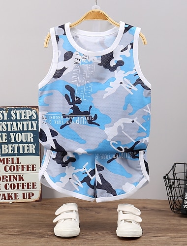  2 Pezzi Bambini Ragazzi Canotta e pantaloncini Vestito Cartoni animati Mimetico Senza Maniche Cotone Impostare Casuale Cool Quotidiano Estate Primavera 3-7 Anni Bianco Blu Azzurro cielo