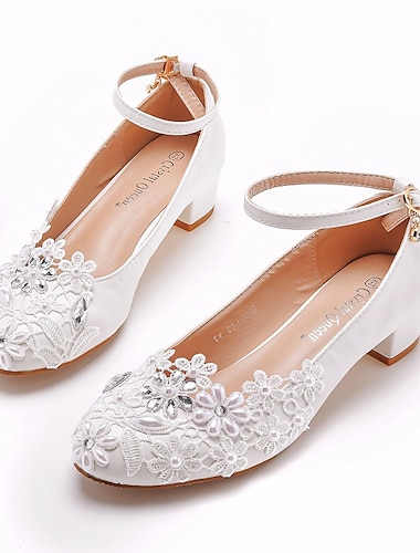  Γυναικεία Γαμήλια παπούτσια Γόβες Παπούτσια Bling Bling Νυφικά Παπούτσια Τεχνητό διαμάντι Λουλούδι Κοντόχοντρο Τακούνι Στρογγυλή Μύτη Κομψό Φο Δέρμα Πόρπη Λευκό